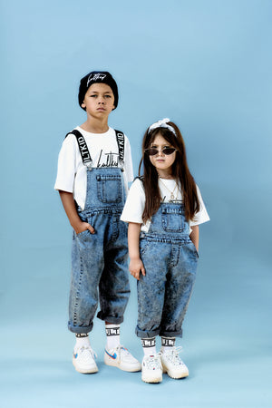 Kids unisex mid blue denim dungarees for boys and girl