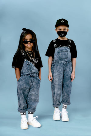 kids boys girls cool stylish trendy logo strap mid wash dungarees utility overalls 